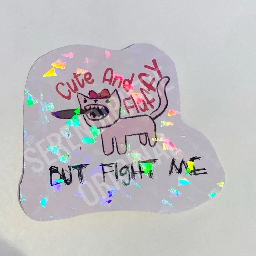 Kawaii Cat Sticker, Cute Fluffy Holographic Ice Crackle Decal